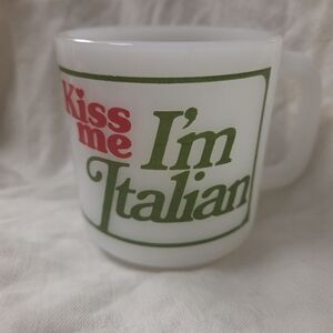 Glasbake Kiss Me I'm Italian Milk Glass Coffee Cup Mug 3.5 In Vintage